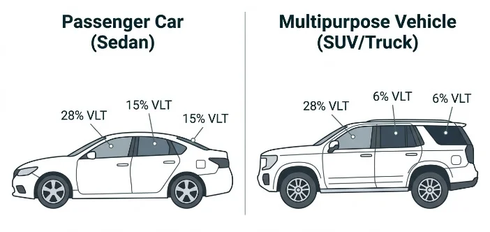Tint Limits by Window and Vehicle Type