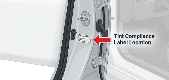 window tint compliance label on a vehicle's driver-side door