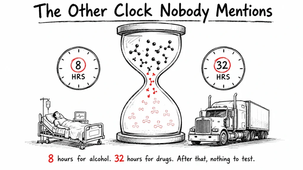commercial trucking company has 8 hours to test a driver for alcohol and 32 hours for drugs