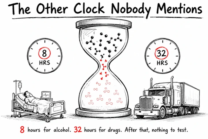 commercial trucking company has 8 hours to test a driver for alcohol and 32 hours for drugs