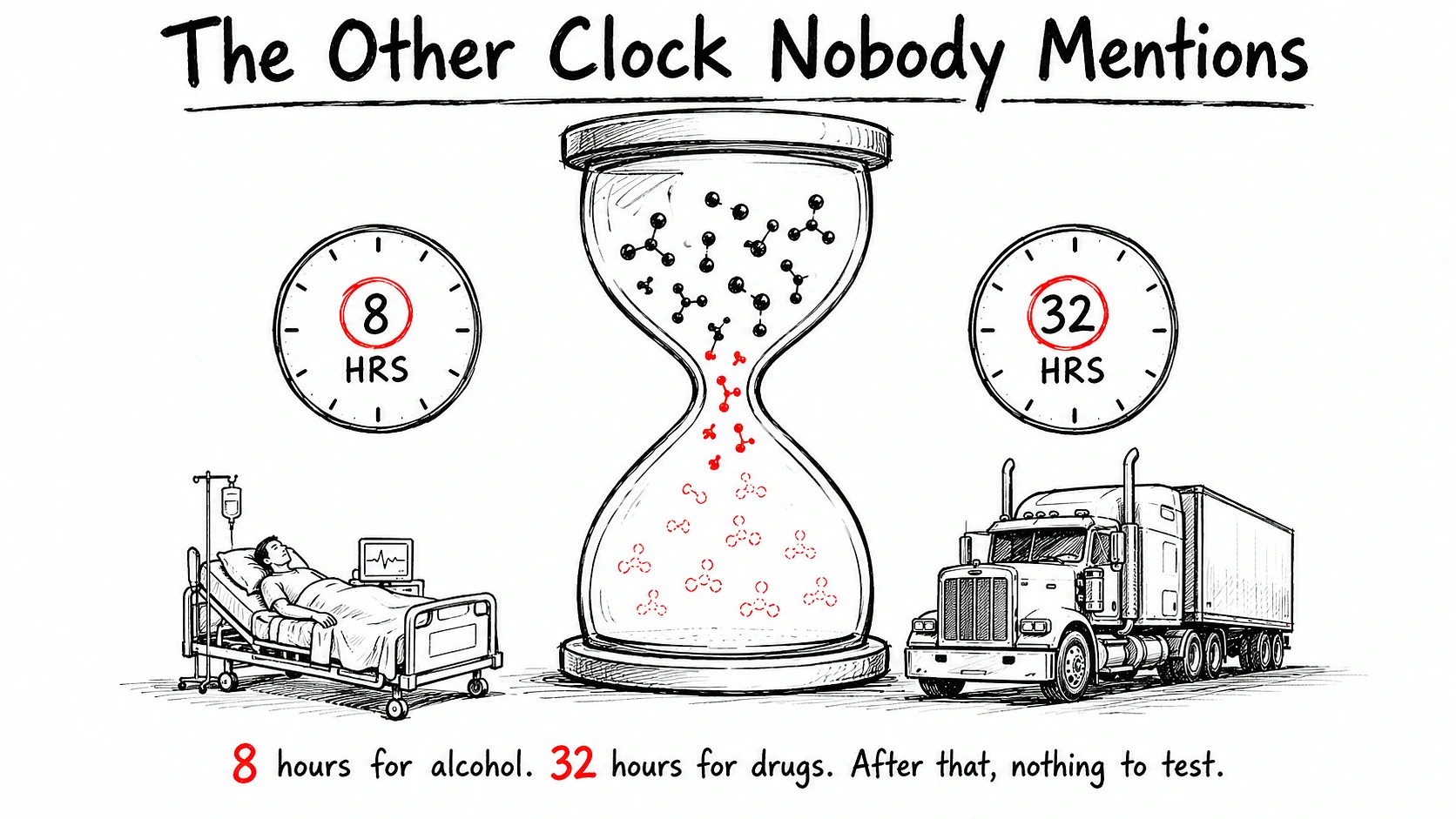 commercial trucking company has 8 hours to test a driver for alcohol and 32 hours for drugs